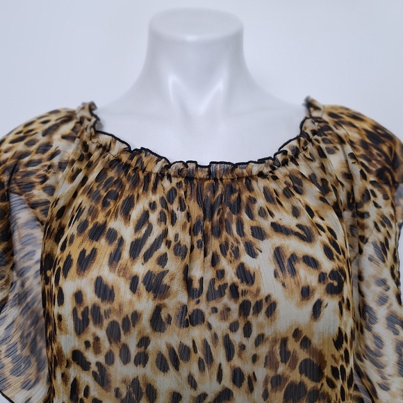 La8ter Brown Tan Animal Print Mobwife Pin Up Ruffle Cap Sleeve Blouse Size L - Picture 2 of 13